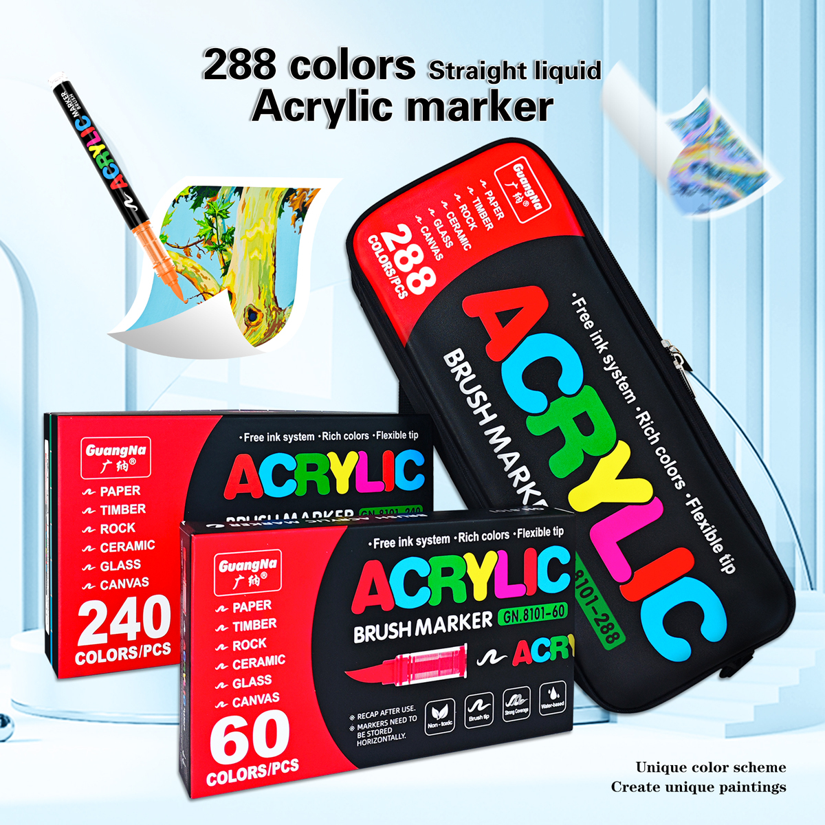 Guangna New Straight Liquid Marker Set Soft Head Drawing Pen for Student Art New Straight Liquid Acrylic Marker