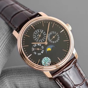 Reloj de pulsera para hombre de alta gama con mecanismo mecánico, edición limitada, fase lunar, calendario perpetuo, caja de oro y correa de cuero. - Product Image 1