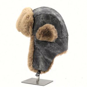 Chapeau rétro pour homme, chapeau d'hiver en coton lavé, chapeau de trappeur épais pour le ski en plein air avec fourrure - Product Image 2