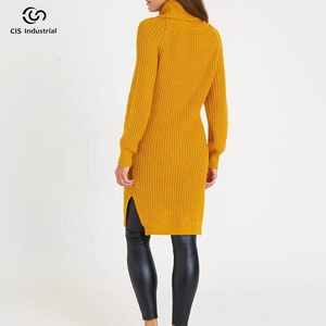 Robes décontractées Robe pull en tricot en laine et cachemire avec logo personnalisé pour femmes Robe pull ample à col roulé et fendue à l'ourlet des filles - Product Image 3