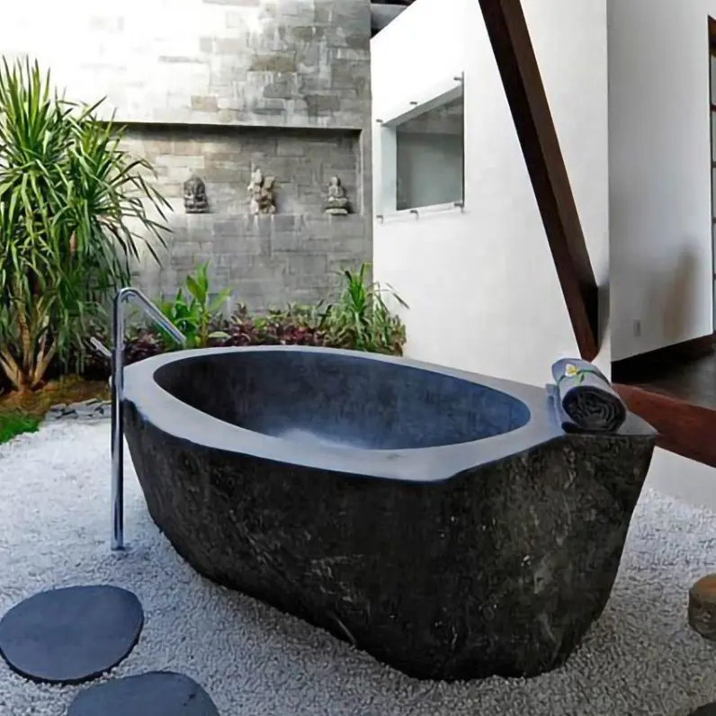 Freestanding Cheap European Style Black Solid Stone Bathtub Marble Bath Tub for Home Hand Made Free Standing Modern Oval Center