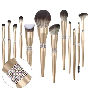 Private Label Metal Rose Gold Make up Brush 14pcs Luxo Glitter Diamante Bling Maquiagem Brushes Set