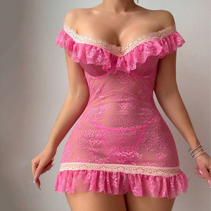 Mini-robe sexy en dentelle, chemise moulante en maille transparente pour soirée nuptiale, lingerie coquette avec bordure florale et design épaules dénudées - Product Image 5