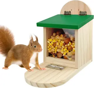 Wooden Squirrel Feeder Box with Green Cover Squirrel Feeders for Outside Garden Squirrel Feeding House