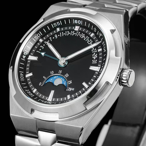 Best-selling Top-tier Luxury Moonphase Retrograde Date Mens Watch Silver Metal Bracelet Black Face Automatic Mechanical Newest - Product Image 3