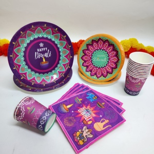 Décorations de table joyeuses, jetables, pour le Festival des Lumières, assiettes, serviettes, gobelets, décorations Deepawali Inde, pour 12 invités - Product Image 3