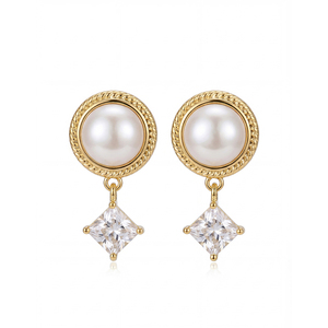 S925 Silver Gold Plated Round Pearl Drop Earrings <b>Square</b> CZ Pendant Twisted Rope <b>Edge</b> Elegant Jewelry for Women - Product Image 1