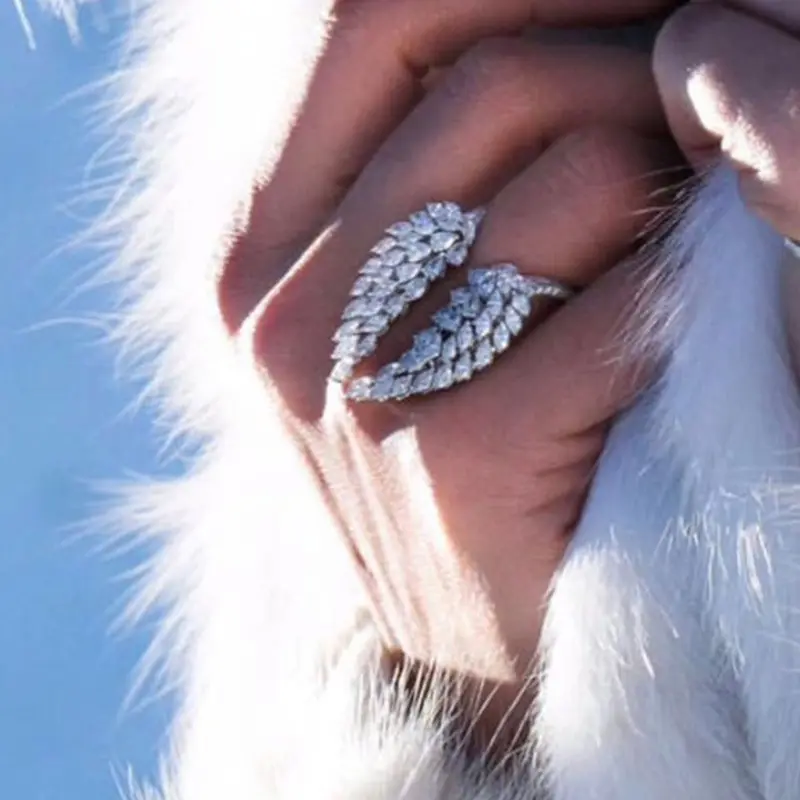 Plated Micro Paved Zircon Diamond Verstellbare Feder Engel Flügel ringe Frauen Resizable Ring