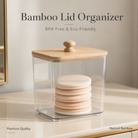 Organisateur de rangement pour salle de bain avec couvercle en bambou, transparent en PET avec couvercle en bois, vente en gros, export