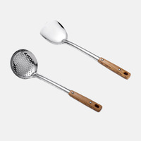 Ustensiles de cuisine en acier inoxydable avec manche en bois : spatule pour wok, louche à soupe, écumoire – Vente en gros