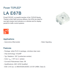 Meilleur prix pour les LED OSRAM LA E67B-U2AA-24-1-Z 980mcd 50mA, puce LED SMD monocolore ambre 617nm, garantie de 3 ans, durée de vie de 50 000 heures - Product Image 2