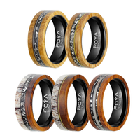 Cincin kayu barrel wiski dengan lapisan tungsten 8mm, inlay tanduk rusa dan meteorit, set cincin kawin/tunangan untuk pasangan.