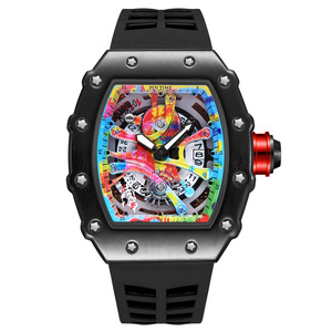 Pour la <span class=keywords><strong>marque</strong></span> <span class=keywords><strong>suisse</strong></span> <span class=keywords><strong>montre</strong></span> de sport mécanique pour hommes boîtier en alliage étanche cadran en verre fenêtre 20mm bande de Silicone créneau de baril de vin - Product Image 6