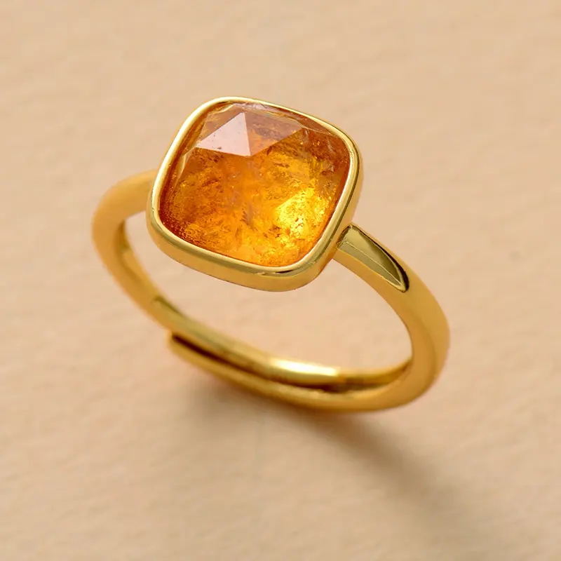 ゴールドメッキ天然石クラシックシトリンクリスタル女性調節可能な結婚指輪ジェムストーンジュエリー卸売