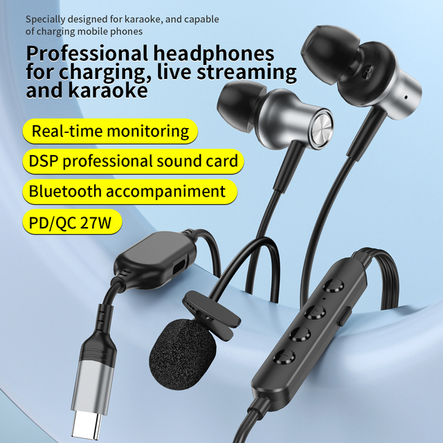 2in1 Charge Karaoke Wired Headphone 27W PD Charge DSP Sound Card Earphone With Monitor Microphone For Live Stream K Song Podcast