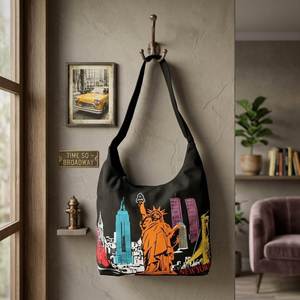 New York City Printed <b>Black</b> <b>Canvas</b> <b>Tote</b> <b>Bag</b> | Stylish Reusable Fashion Shopping Travel Outdoor Zipper Closure Long Shoulder - Product Image 2