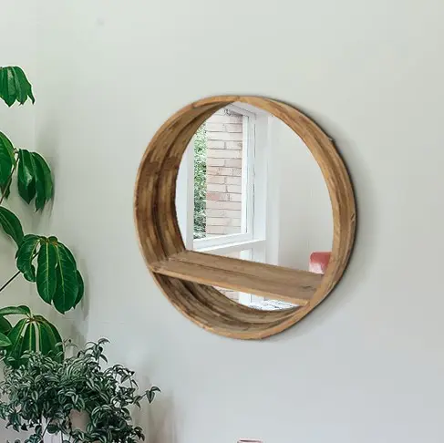 Espejo de pared decorativo para el hogar, marco de Mdf redondo con diseño de estante, Madera rústica, decoración del hogar