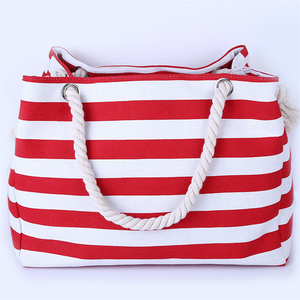 2023 poche étanche fermeture éclair grand été femmes toile rayé plage <span class=keywords><strong>sac</strong></span> fourre-tout avec fantaisie coton corde poignée - Product Image 5