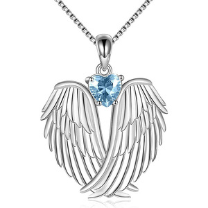 Ciondolo Ali d'Angelo in Argento 925 con Cuore Blu in Cristallo Placcato Rodio Gioielli Cristiani Religiosi da Donna per Uso Quotidiano - Product Image 1