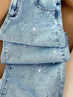 Jeans en strass de style nouveau avec une silhouette droite ample, un design fluide et un style décontracté et tendance