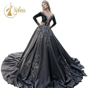 Vestido de novia de tren grande con mangas negras con Apliques de encaje de princesa