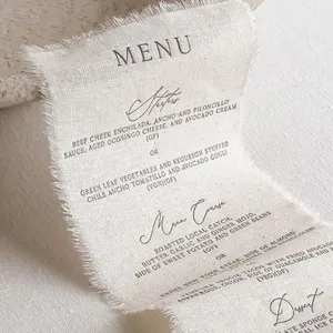 Menu linen cetak logo kustom dengan tepi mentah 100% undangan pernikahan linen