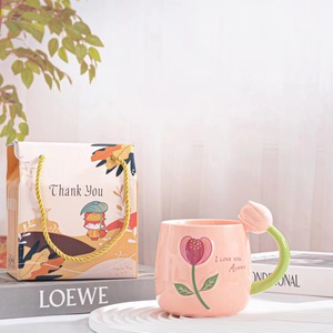 Mug à café en céramique coréen Ins, couleur contrastée, motif tulipe, poignée fleurie en relief 3D, tasse à lait pour le petit-déjeuner - Product Image 5