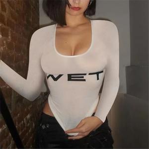 <strong>Women's</strong> Summer Casual Knitted Long Sleeve <strong>T</strong>-<strong>Shirt</strong> Wet Letter Print White Transparent Crew Neck Slim Fit Short Y2K Eco-Friendly - Product Image 3