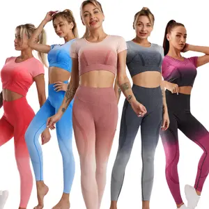 Gradient Yoga Wear Suit Women's Seamless Tight Sports Short Sleeve T-Shirt Dip dyeing Fitness Wear leggings yoga sets for women