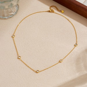 Korean Style Gold Plated Clavicle Chain Necklace With Round Diamonds Stainless Steel Everyday Wear Jewelry N4086 - Product Image 3