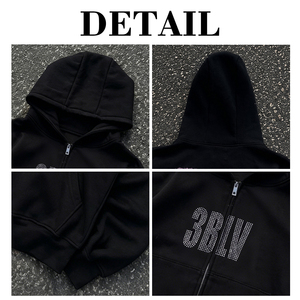 Sweat à capuche zippé unisexe de haute qualité en coton épais 100% avec strass, style streetwear vintage, imprimé pour homme - Product Image 6