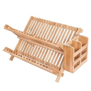 Modern double-layer bamboo upright folding <b>dish</b> <b>rack</b> for kitchen storage and display. - Product Image 1