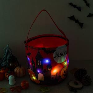 Cubo de dulces personalizado para Halloween con asa, cesta redonda de calabaza de terror, bolsa portátil de almacenamiento con LED para niños - Product Image 4