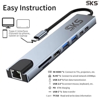 Adaptador Multipuerto USB 3.0 Tipo-C 8 en 1 con Ethernet 2.0 de 1000 Mbps, Lector de Tarjetas SD, Carga Rápida, Aleación de Aluminio