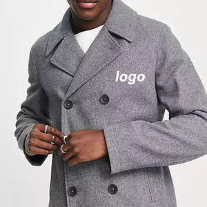 Custom Embroidery logo With High Quality Woolen Fabric Button Placket <strong>Men's</strong> <strong>Pea</strong> <strong>Coat</strong> - Product Image 2