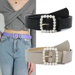 Pearls Round Buckle Belts For Women Pu Leather Thin Waist Belt Ladies Waistband