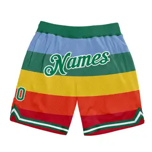 Shorts masculinos esportivos de basquete estampados sob demanda com listras coloridas e nome curto podem ser personalizados
