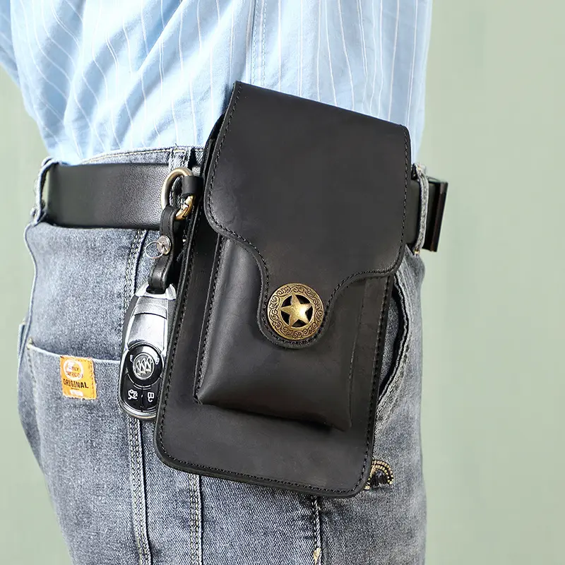 Real Full Grain Genuine Leather Waist Bag Phone Bag Retro Vintage Style Mini Black Brown Male Cell Phone Waist Belt Bag