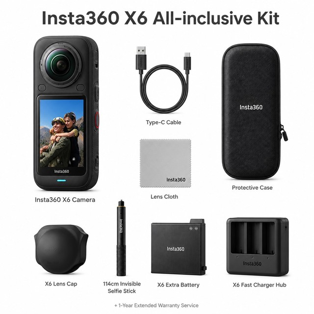Insta360 X6 All-inclusive Kit 360 Camera Selfie Stick Extra Battery Charger Hub Lens Cap 1year Warranty