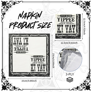 Serviettes de cocktail écologiques 3 plis imprimées noir et blanc style vintage avec citation « Yippee Ki Yay », <span class=keywords><strong>en</strong></span> sac <span class=keywords><strong>en</strong></span> <span class=keywords><strong>papier</strong></span> jetable pour fêtes - Product Image 3