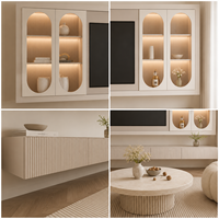 Meuble TV mural flottant blanc crème, unité multimédia moderne pour salon avec étagères LED cintrées et console de rangement cannelée