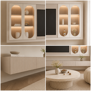 Cream White <strong>Floating</strong> TV <strong>Wall</strong> Cabinet Modern Living Room Media <strong>Unit</strong> with Arched LED Display Shelves and Fluted Storage Console - Product Image 2