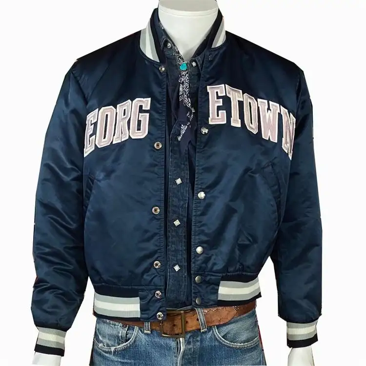 OEM custom winter color 80s retro fashion satin starter ribbed elastic cuff varsity jacket for men