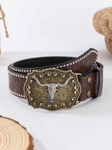 Sabuk Kulit Sapi Model Vintage Kepala Banteng Barat untuk Remaja, Aksesoris Sabuk Jeans Serbaguna, Laris untuk EU, AS, Asia Tenggara - Product Image 1