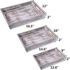 Juego de 3 bandejas de servicio de madera rústica rectangulares anidadas bandeja decorativa para cama de desayuno con bandeja de servicio anidada de madera para servir - Product Image 2