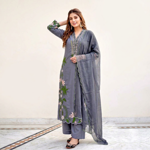 <b>Womens</b> Designer Roman Silk 3-Piece Suit Set Heavy Embroidered Thread Work <b>Top</b> Floor-Length Palazzo Faux Georgette Dupatta - Product Image 1