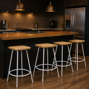 Ensemble de 4 tabourets de bar en bois blanchi et blanc, design moderne et minimaliste, structure en métal stable, pour mobilier commercial de bar - Product Image 2