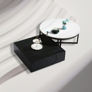 Ensemble table basse moderne d'armoire de placage en bois d'acier au carbone noir de pierre frittée de Lu - Product Image 3