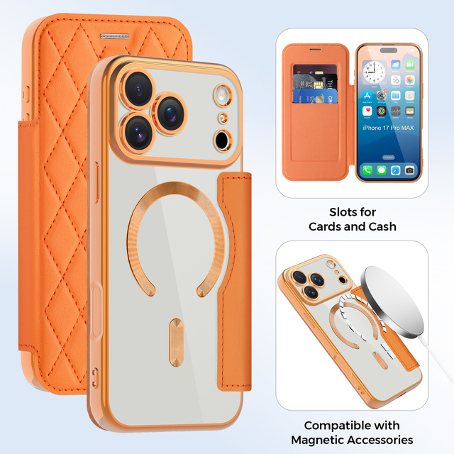Diamond Pattern Flip Card Holder Leather Phone Case for iPhone 16 17 11 12 13 Pro Max 15 14 Plus Lens Film Magnetic Clear Cover