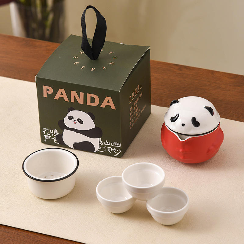 Service à thé panda de dessin animé-rouge